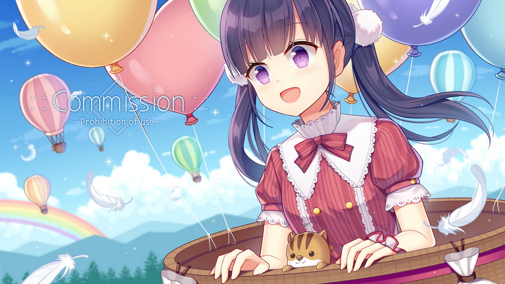 1girl :d aircraft animal bangs black_hair blue_sky blush bow clouds commentary_request commission day dress english_text eyebrows_visible_through_hair feathers hair_ornament hitsuki_rei hot_air_balloon long_hair looking_away mountain open_mouth original outdoors puffy_short_sleeves puffy_sleeves rainbow red_bow red_dress scrunchie short_sleeves sky smile solo striped striped_bow twintails upper_body vertical-striped_dress vertical_stripes violet_eyes white_feathers white_scrunchie wrist_scrunchie