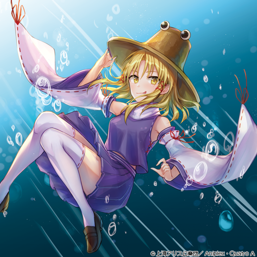 armpits bangs blonde_hair brown_footwear bubble detached_sleeves eyebrows_visible_through_hair full_body hair_ribbon hat holding holding_hat looking_at_viewer midori_miyako moriya_suwako parted_bangs pleated_skirt purple_shirt purple_skirt pyonta red_ribbon ribbon ribbon-trimmed_sleeves ribbon_trim shirt shoes short_hair skirt skirt_set thigh-highs tongue tongue_out touhou touhou_cannonball turtleneck white_legwear wide_sleeves yellow_eyes