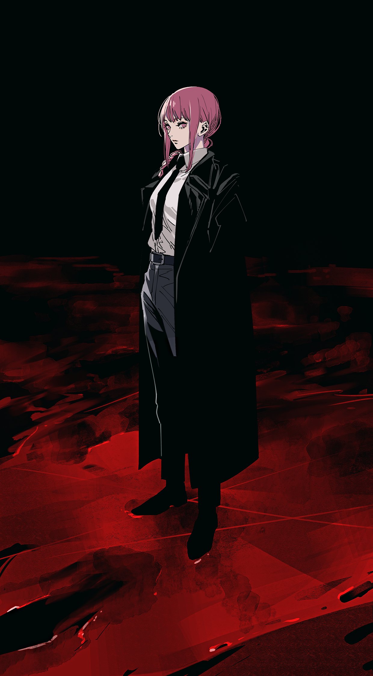 1girl bangs belt black_background black_footwear black_jacket black_neckwear black_pants blood blood_splatter braid braided_ponytail business_suit chainsaw_man collared_shirt formal full_body hands_in_pockets highres jacket looking_to_the_side makima_(chainsaw_man) medium_hair necktie neckwear pants pink_hair ringed_eyes shirt shirt_tucked_in shoes simple_background solo suit tenobe white_shirt yellow_eyes