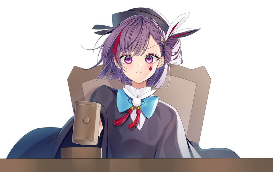 &gt;:( 1girl bangs black_headwear black_robe blue_bow blush bow chair chano_hinano closed_mouth commentary_request eyebrows_visible_through_hair facial_mark frown hammer hat judge long_sleeves looking_at_viewer multicolored_hair official_art one_side_up purple_hair redhead robe shirt short_hair simple_background solo streaked_hair tenjin_kotone tenjin_kotone_(channel) upper_body v-shaped_eyebrows violet_eyes virtual_youtuber white_background white_shirt wide_sleeves