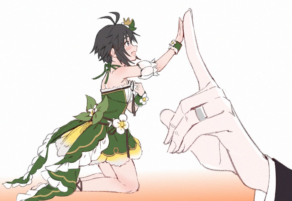 1girl antenna_hair arm_strap commentary dress dress_flower fairy fingers_together gradient gradient_background green_dress halterneck hands_together idolmaster idolmaster_million_live! idolmaster_million_live!_theater_days jewelry kikuchi_makoto kneeling long_sleeves minigirl ninuyya ring sleeveless sleeveless_dress white_background wrist_cuffs