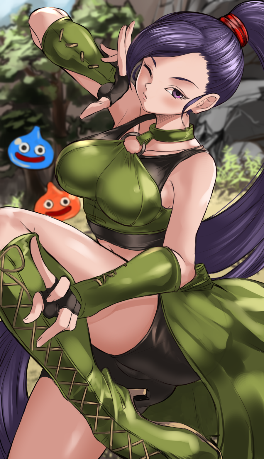 1girl bare_shoulders black_gloves boots breasts collarbone dragon_quest dragon_quest_xi fighting_stance fingerless_gloves gloves green_footwear green_gloves green_shirt hair_ornament hair_scrunchie high_ponytail highres knee_boots large_breasts leg_up long_hair long_ponytail maou_(maoudaisukiya) martina_(dq11) midriff o-ring o-ring_top one_eye_closed ponytail purple_hair red_scrunchie scrunchie shirt sleeveless sleeveless_shirt slime_(dragon_quest) solo two-tone_gloves very_long_hair violet_eyes waist_cape