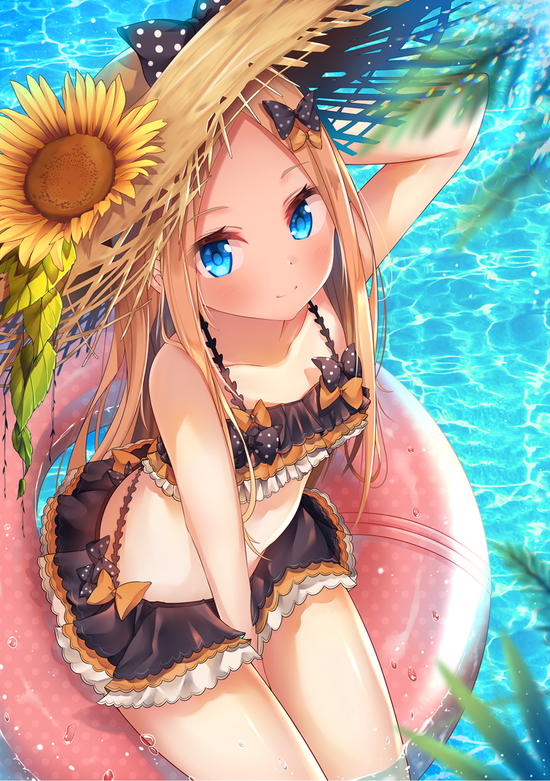 1girl abigail_williams_(fate/grand_order) arm_behind_head arm_up bangs bikini black_bow blonde_hair blue_eyes bow breasts closed_mouth emerald_float fate/grand_order fate_(series) forehead frilled_bikini frills hair_bow hat lokyin_house long_hair microskirt multiple_bows orange_bow parted_bangs polka_dot polka_dot_bow sitting skirt small_breasts smile stuffed_animal stuffed_toy sun_hat swimsuit teddy_bear thighs water