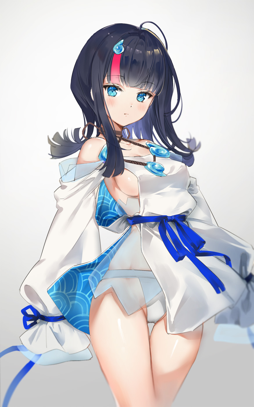 1girl bangs bare_shoulders black_hair blue_eyes blue_ribbon blush breasts closed_mouth collarbone dress fate/grand_order fate/requiem fate_(series) fundoshi grey_background highres japanese_clothes jewelry long_sleeves looking_at_viewer magatama magatama_hair_ornament medium_breasts medium_hair multicolored_hair necklace pelvic_curtain pink_hair puffy_long_sleeves puffy_sleeves ribbon rity short_dress sideboob sideless_outfit streaked_hair thighs utsumi_erise white_dress