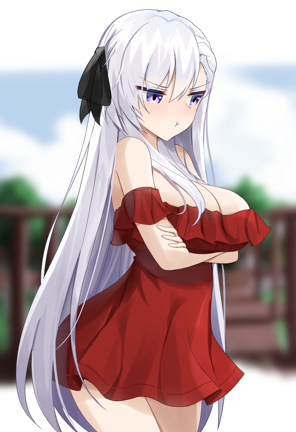 1girl alternate_costume arms_under_breasts azur_lane bangs bare_shoulders belfast_(azur_lane) black_ribbon blue_sky blurry blurry_background clouds crossed_arms dress eyebrows_visible_through_hair hair_between_eyes hair_ribbon highres long_hair off_shoulder outdoors pout quiet red_dress ribbon short_dress sidelocks silver_hair sky standing thighs very_long_hair violet_eyes