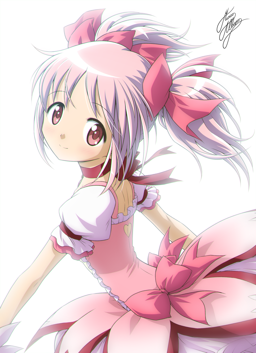 1girl bubble_skirt choker cowboy_shot dress eyebrows_visible_through_hair frilled_sleeves frills from_side hair_ribbon kaname_madoka looking_at_viewer magical_girl mahou_shoujo_madoka_magica marco_albiero pink_dress pink_hair pink_ribbon red_choker ribbon short_twintails signature simple_background skirt smile solo twintails white_background