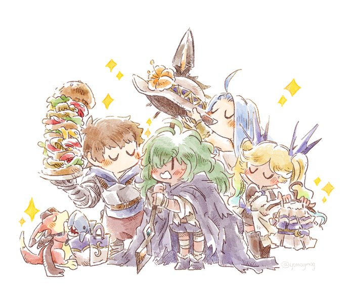 1boy 3girls ahoge bag chibi cloak dark_skin dragon fighter_(granblue_fantasy) food gat gran_(granblue_fantasy) granblue_fantasy hair_over_one_eye hamburger io_euclase kolulu_(granblue_fantasy) lyria_(granblue_fantasy) multiple_girls oversized_food polearm sparkle spear stuffed_animal stuffed_shark stuffed_toy swimsuit twintails vee_(granblue_fantasy) weapon yomogmog