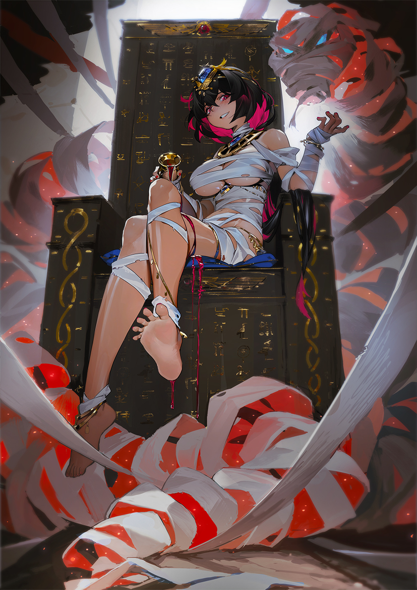 1girl alcohol bandages bangs barefoot barrel belt black_hair blush breasts cup dark_skin egyptian_clothes grin han-0v0 looking_at_viewer monster multicolored_hair original pink_hair sitting smile solo throne two-tone_hair under_boob wine
