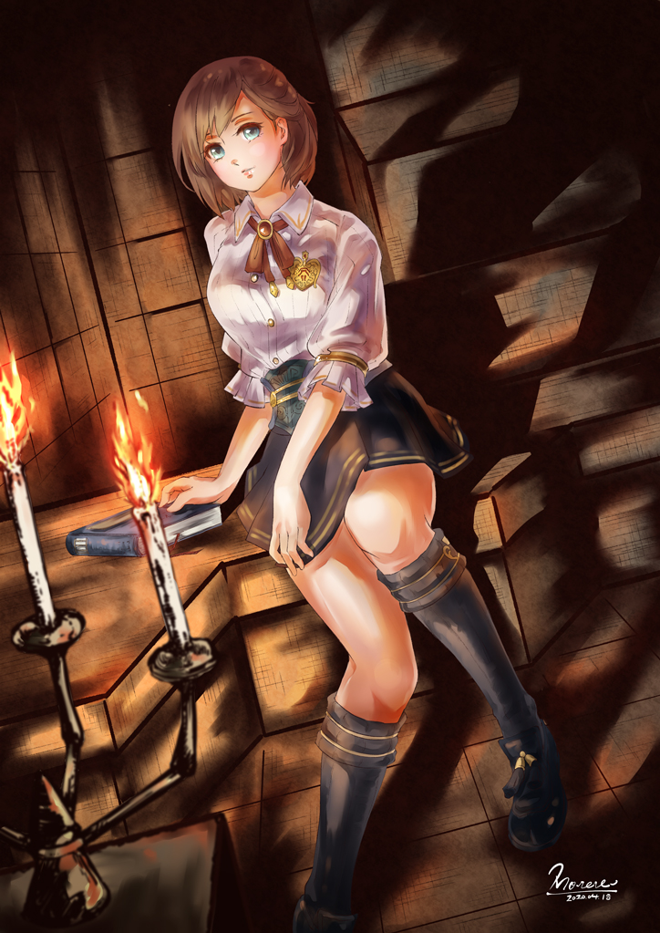 1girl blue_eyes bob_cut book brown_hair candle candlelight commentary dated dutch_angle final_fantasy final_fantasy_xi hume indoors kneehighs morere neck_ribbon pleated_skirt ribbon scholar_(final_fantasy) school_uniform shadow short_hair signature sitting skirt solo