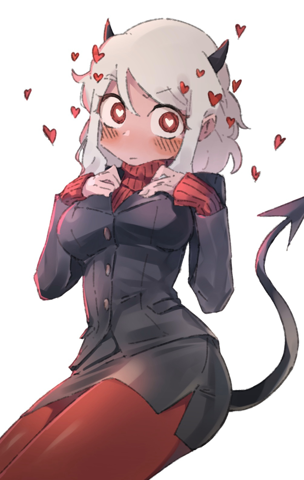 1girl bangs black_horns black_tail blush breasts business_suit demon_girl demon_horns demon_tail epi_zero facing_away floating_heart formal hair_between_eyes hands_on_own_chest heart heart-shaped_pupils helltaker highres horns looking_at_viewer modeus_(helltaker) pantyhose parted_bangs red_eyes red_legwear red_sweater ribbed_sweater suit sweater symbol-shaped_pupils tagme tail white_background white_hair