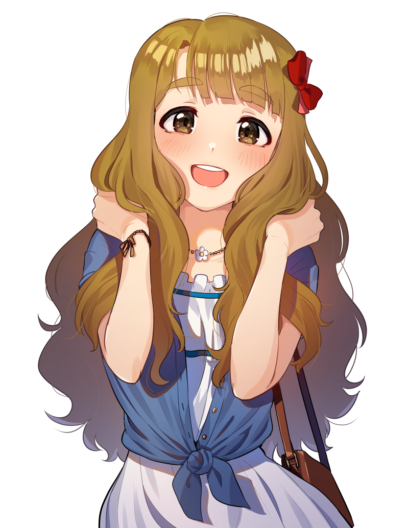 1girl :d bag bead_bracelet beads black_hair blue_shirt blush bow bracelet brown_eyes brown_hair brown_ribbon buttons cowboy_shot dress dress_shirt eyebrows_visible_through_hair flower flower_necklace gradient_hair hair_bow hair_tousle hands_up idolmaster idolmaster_million_live! jewelry kamille_(vcx68) long_hair looking_at_viewer miyao_miya multicolored_hair necklace open_clothes open_mouth open_shirt red_bow ribbon shiny shiny_hair shirt short_sleeves shoulder_bag sidelocks simple_background smile solo standing thick_eyebrows tied_shirt upper_teeth wavy_hair white_background white_dress wrist_ribbon