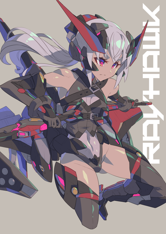 1girl breasts covered_navel dual_wielding g.haruka grey_hair holding holding_sword holding_weapon jumping leotard long_hair mecha_musume original pink_eyes skin_tight small_breasts sword tied_hair weapon