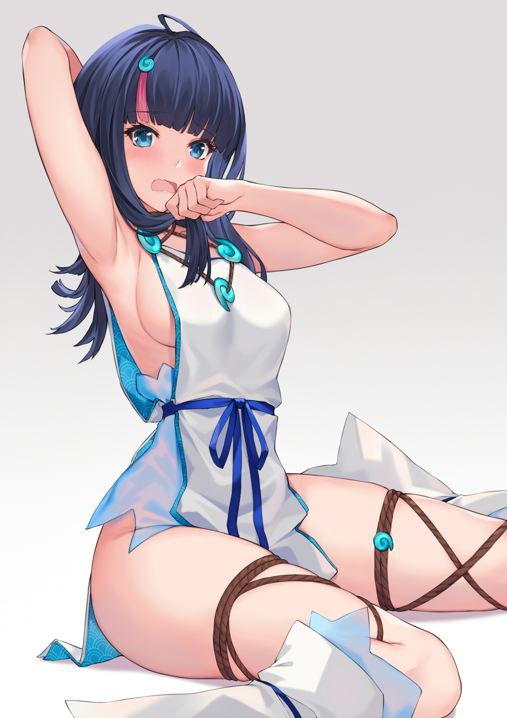 1girl arm_behind_head arm_up armpits bangs bare_shoulders black_hair blue_eyes blue_ribbon blush breasts collarbone detached_leggings dress fate/grand_order fate/requiem fate_(series) highres jewelry large_breasts looking_at_viewer magatama magatama_hair_ornament medium_hair multicolored_hair necklace open_mouth pak_ce pelvic_curtain pink_hair ribbon short_dress sideboob sideless_outfit sitting sleeveless sleeveless_dress streaked_hair thighs utsumi_erise wariza white_dress white_legwear