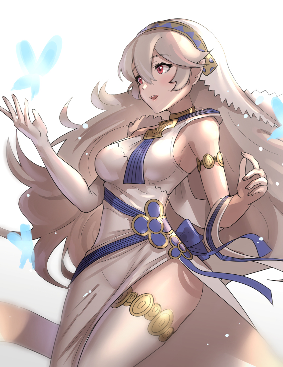 1girl bug butterfly corrin_(fire_emblem) corrin_(fire_emblem)_(female) dress fire_emblem fire_emblem_fates fire_emblem_heroes gloves gonzarez highres insect long_hair open_mouth pointy_ears red_eyes simple_background single_glove solo white_background white_dress white_hair white_legwear