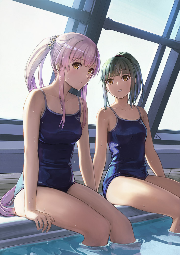 1girl blue_swimsuit breasts brown_eyes commentary_request competition_school_swimsuit green_hair indoors kantai_collection long_hair looking_at_viewer medium_breasts pink_hair ponytail pool poolside rei_no_pool school_swimsuit sitting soaking_feet solo swimsuit tantaka very_long_hair water wet yellow_eyes yura_(kantai_collection) yuubari_(kantai_collection)