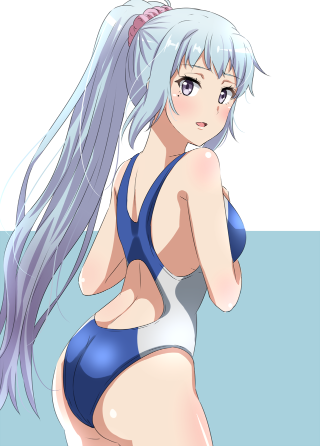 1girl ass bangs bare_shoulders blue_background blue_hair blue_swimsuit blush breasts commentary_request cowboy_shot facing_away gradient_hair grey_eyes hand_on_own_chest hands_up high_ponytail kawasaki_saki leaning_forward lieass long_hair looking_at_viewer looking_back medium_breasts mole mole_under_eye multicolored_hair one-piece_swimsuit open_mouth pink_scrunchie ponytail scrunchie sidelocks simple_background smile solo standing swimsuit two-tone_background very_long_hair white_background yahari_ore_no_seishun_lovecome_wa_machigatteiru.