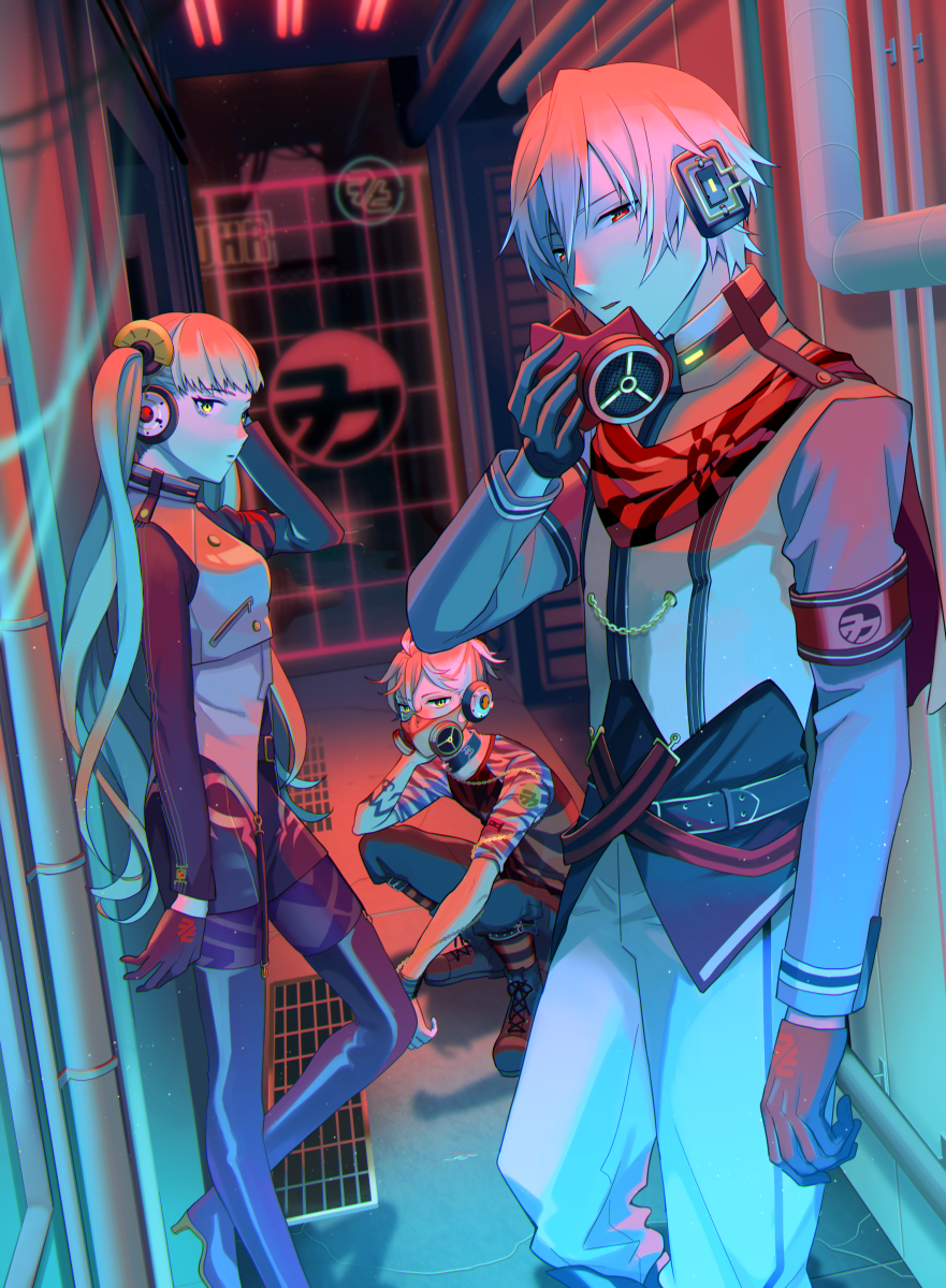 1girl 2boys agitation_(module) armband bad_boy_(module) black_pants boots commentary general_(module) gloves grate hair_ornament half-closed_eyes hallway hatsune_miku headphones high_heels highres kagamine_len kaito logo long_hair looking_at_viewer mask mouth_mask multiple_boys nokuhashi pants pipes project_diva_(series) red_eyes shirt short_sleeves squatting standing thigh-highs thigh_boots twintails unhappy_refrain_(vocaloid) vocaloid white_shirt yellow_eyes