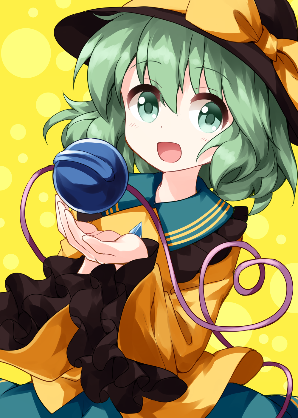 1girl bow collared_shirt cowboy_shot eyeball eyes_visible_through_hair frilled_sleeves frills green_eyes green_hair green_skirt hat hat_bow hat_ribbon heart heart_of_string highres komeiji_koishi long_sleeves looking_at_viewer open_mouth ribbon ruu_(tksymkw) shirt skirt string third_eye touhou wavy_hair wide_sleeves yellow_bow yellow_ribbon yellow_shirt