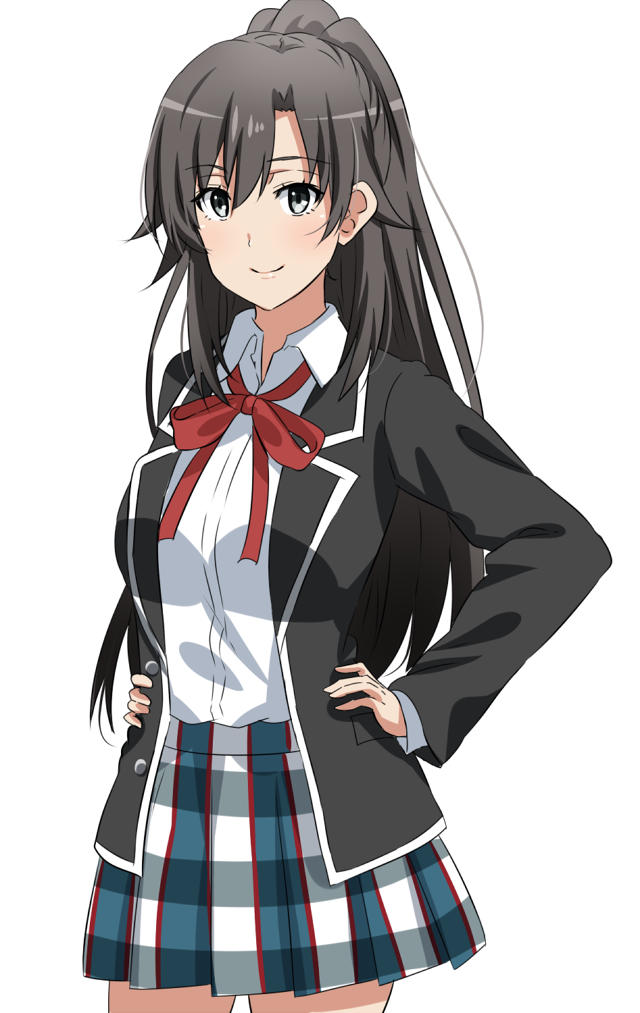 1girl bangs black_hair black_jacket blazer closed_mouth commentary_request cowboy_shot dress_shirt eyebrows_visible_through_hair grey_eyes hair_between_eyes hands_on_hips high_ponytail hiratsuka_shizuka jacket lieass light_blush long_hair long_sleeves looking_at_viewer neck_ribbon plaid plaid_skirt pleated_skirt red_ribbon ribbon school_uniform shirt simple_background skirt smile solo standing white_background wide_ponytail wing_collar yahari_ore_no_seishun_lovecome_wa_machigatteiru. younger