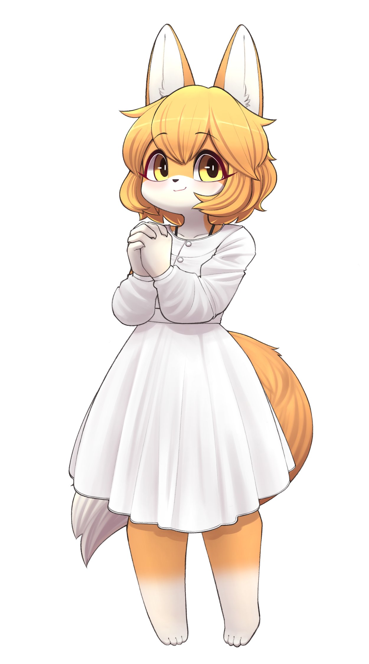 1girl animal_ears blush bra_strap brown_eyes brown_hair closed_mouth collarbone dress eyebrows_visible_through_hair fox_ears fox_girl fox_tail furry hands_clasped highres jupiter_europe looking_at_viewer original own_hands_together short_hair smile solo tail white_dress