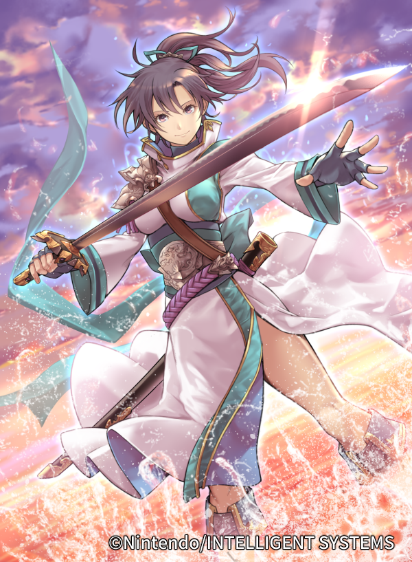 1girl closed_mouth clouds company_name copyright_name fingerless_gloves fir_(fire_emblem) fire_emblem fire_emblem:_the_binding_blade fire_emblem_cipher gloves holding holding_sword holding_weapon i-la long_hair official_art outdoors ponytail purple_hair scabbard sheath sky smile solo sword violet_eyes weapon