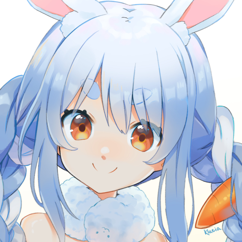 1girl animal_ears artist_name bare_shoulders blue_hair braid carrot_hair_ornament commentary disconnected_mouth don-chan_(hololive) english_commentary eyebrows_visible_through_hair eyes_visible_through_hair food_themed_hair_ornament hair_ornament hair_over_eyes hololive hololive_fantasy klaeia looking_at_viewer multicolored_hair orange_eyes portrait rabbit_ears short_eyebrows sidelocks simple_background smile thick_eyebrows twin_braids two-tone_hair usada_pekora v-shaped_eyebrows virtual_youtuber white_background white_hair