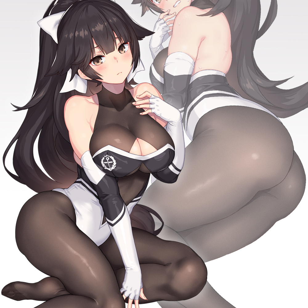 1girl azur_lane black_hair bodystocking bow breasts brown_eyes cleavage_cutout commentary_request cowboy_shot elbow_gloves gloves grey_background hair_bow hair_flaps large_breasts logo long_hair looking_at_viewer multicolored_leotard multiple_views nidy pantyhose ponytail racequeen simple_background takao_(azur_lane) takao_(full_throttle_charmer)_(azur_lane) two-tone_leotard white_bow white_gloves zoom_layer