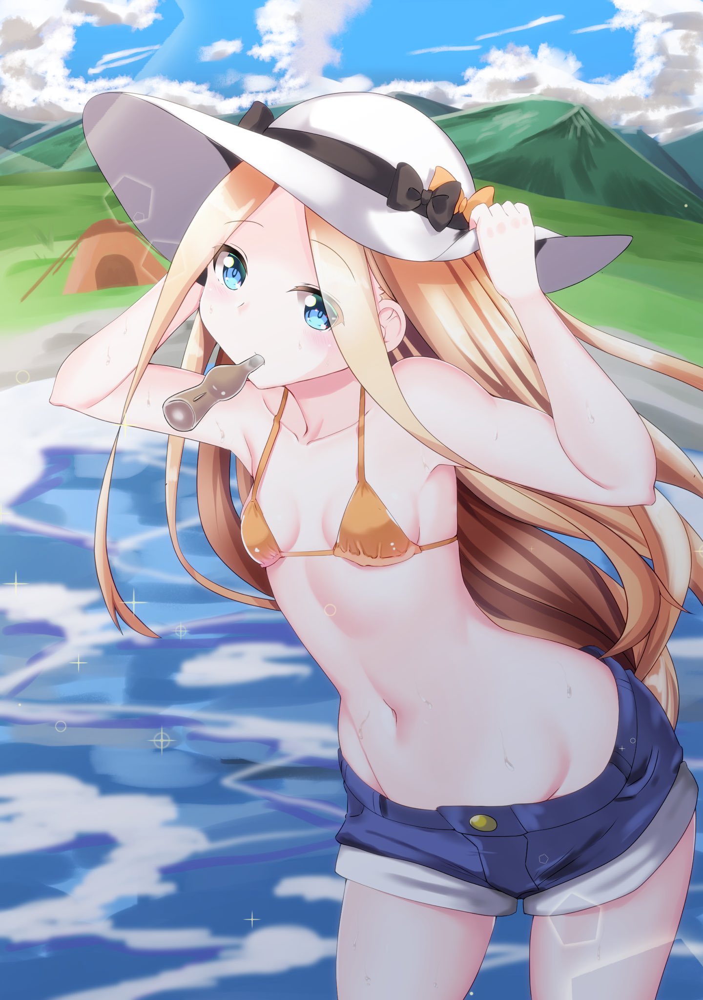 1girl abigail_williams_(fate/grand_order) arms_up bangs bare_shoulders bikini black_bow blonde_hair blue_eyes blue_shorts blue_sky bow breasts closed_mouth collarbone denim denim_shorts fate/grand_order fate_(series) forehead hand_on_hip hat highres index_finger_raised lake long_hair mouth_hold multiple_bows navel orange_bikini orange_bow parted_bangs shinonome_harutoro short_shorts shorts sky small_breasts sun_hat swimsuit thighs wading water wet white_headwear