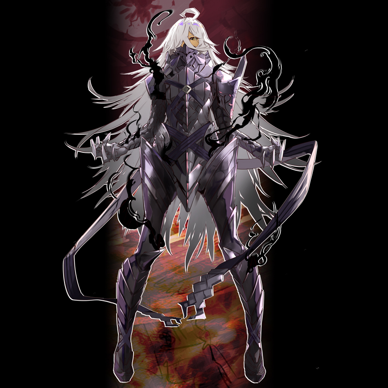 1girl ahoge armor armored_boots boots breastplate covered_mouth dark_skin darkness eyebrows_visible_through_hair full_armor full_body g_yuusuke gauntlets greaves hair_over_one_eye kokubyaku_no_avesta long_hair looking_at_viewer official_art outline plate_armor red_eyes samluch shoulder_armor solo spoilers third-party_source very_long_hair white_hair white_outline