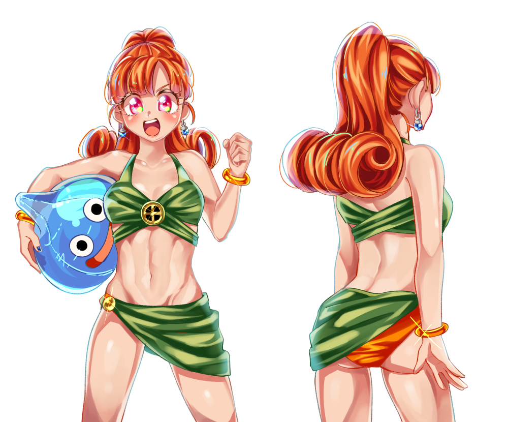 1girl :d abs alena_(dq4) ass atarime_(atarimemakaron) bikini blush bracelet breasts clenched_hand commentary_request curly_hair dragon_quest dragon_quest_iv earrings green_bikini inflatable_toy jewelry long_hair medium_breasts midriff multiple_views navel open_mouth orange_bikini orange_hair ponytail red_eyes simple_background slime_(dragon_quest) smile sparkle swimsuit two-tone_bikini white_background