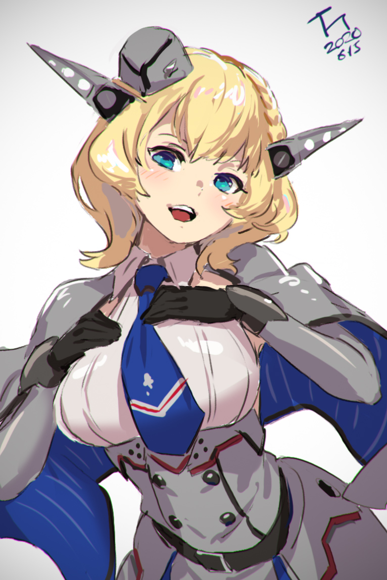 1girl bangs blonde_hair blue_eyes blue_neckwear blush braid breasts capelet colorado_(kantai_collection) dated dress elbow_gloves garrison_cap gloves grey_background grey_headwear hands_on_own_chest harusame_tsubaki hat headgear kantai_collection necktie open_mouth short_hair signature simple_background solo