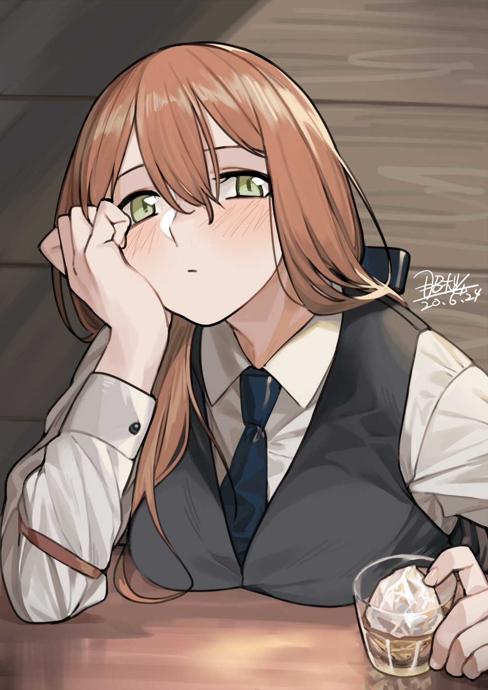 1girl bangs blush brown_hair closed_mouth collared_shirt commentary_request cup dress_shirt drinking_glass girls_frontline green_eyes grey_vest hair_between_eyes hand_on_own_cheek highres holding holding_cup ice ice_cube long_hair long_sleeves looking_to_the_side m1903_springfield_(girls_frontline) necktie seyana shirt sitting table vest white_shirt wooden_wall