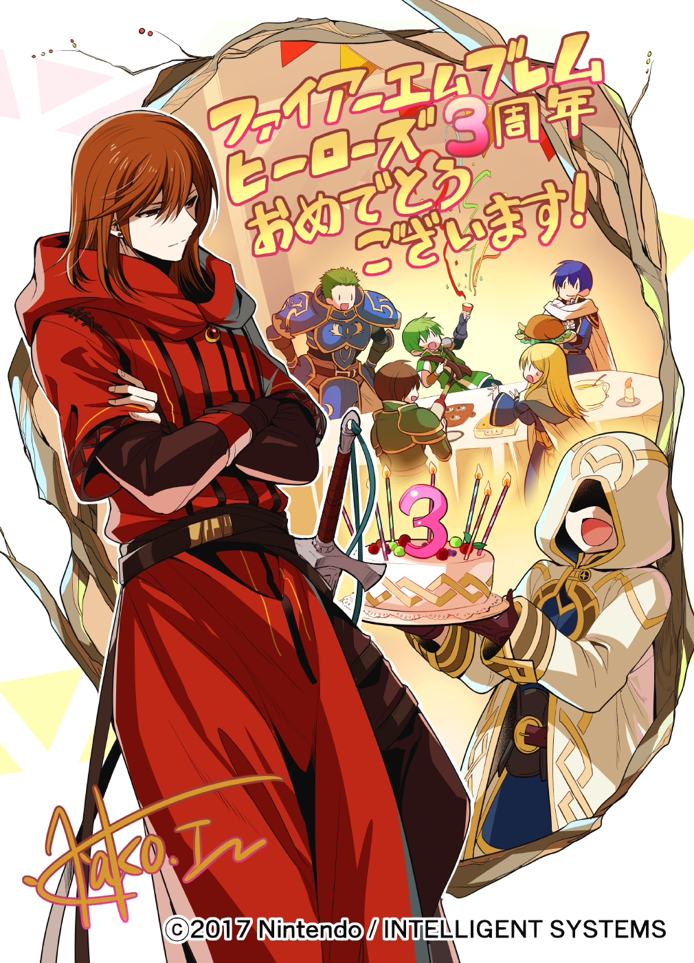 3 bangs blonde_hair brown_hair cake closed_mouth coat crossed_arms draug_(fire_emblem) finn_(fire_emblem) fire_emblem food gordin_(fire_emblem) green_hair highres holding holding_cake itagaki_hako long_hair number official_art open_mouth purple_hair red_coat redhead roderick_(fire_emblem) rutger_(fire_emblem) short_hair translation_request