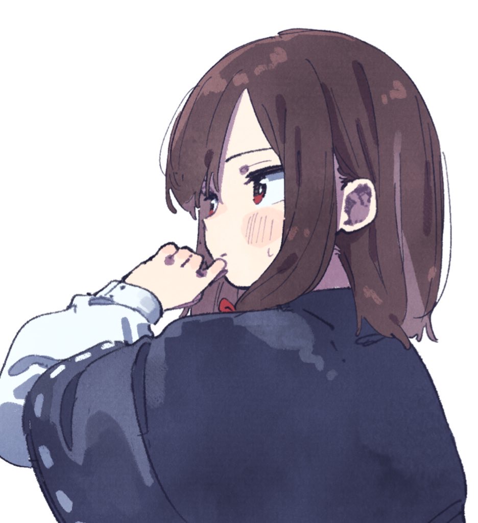 1girl black_capelet blush brown_hair capelet closed_mouth commentary_request finger_to_own_chin from_behind hand_up long_sleeves looking_to_the_side medium_hair nama_udon red_eyes shirt sidelocks simple_background solo sweat touhou upper_body usami_renko white_background white_shirt