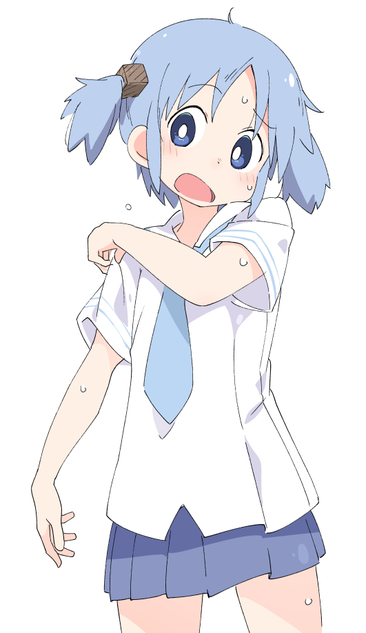 1girl blue_hair blue_neckwear blue_skirt eyebrows_visible_through_hair hot ixy naganohara_mio necktie nichijou open_mouth shirt short_hair short_sleeves short_twintails simple_background skirt solo sweat twintails white_background white_shirt