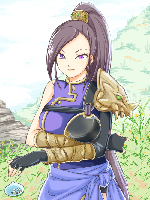 1girl armor asymmetrical_armor asymmetrical_sleeves black_sleeves blue_sash breast_hold breasts clouds commentary_request dragon_quest dragon_quest_xi dress fingerless_gloves gloves grass hair_ornament high_ponytail jappo large_breasts light_smile long_hair long_ponytail martina_(dq11) mountain outdoors purple_dress purple_hair sash single_pauldron single_sleeve slime_(dragon_quest) solo upper_body very_long_hair violet_eyes