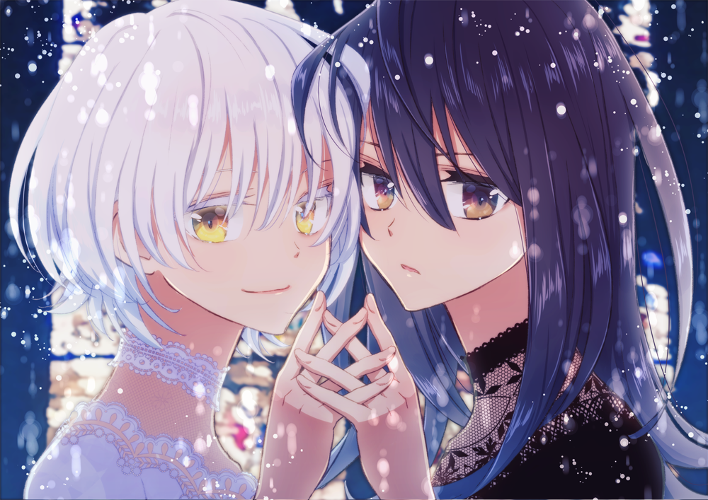 2girls act-age aihara_kaya bangs black_hair brown_eyes hair_between_eyes interlocked_fingers long_hair momoshiro_chiyoko multiple_girls night outdoors short_hair smile snow white_eyelashes white_hair yellow_eyes yonagi_kei yuri