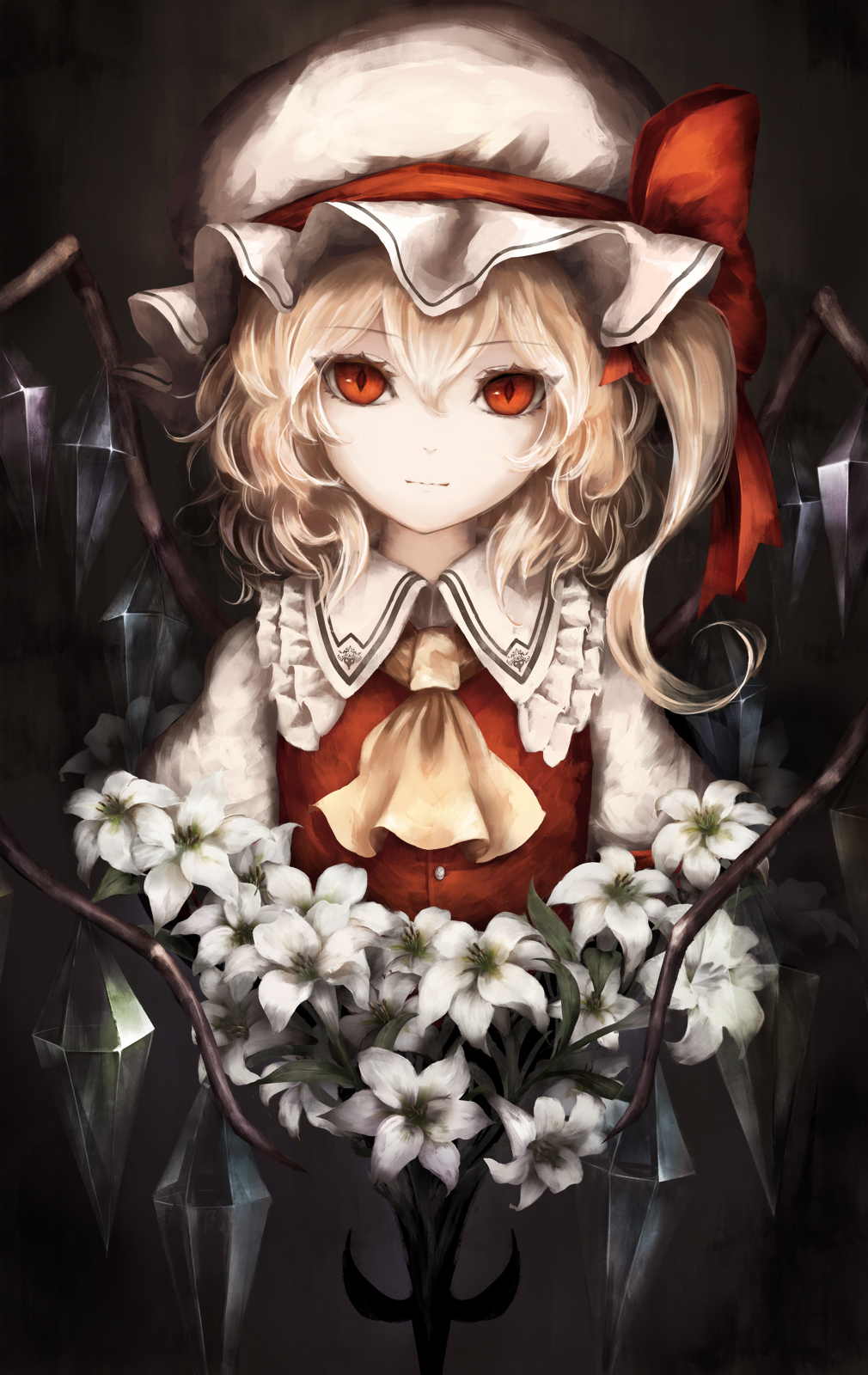 1girl ascot black_background blonde_hair bow cowboy_shot crystal eyebrows_visible_through_hair flandre_scarlet flower frilled_shirt frilled_shirt_collar frilled_skirt frilled_sleeves frills hat hat_ribbon highres looking_at_viewer medium_hair mob_cap moose_(moosu193) red_bow red_eyes red_ribbon red_vest ribbon ribbon-trimmed_sleeves ribbon_trim shirt short_sleeves side_ponytail simple_background skirt skirt_set touhou vest wavy_hair white_flower white_shirt wings yellow_neckwear