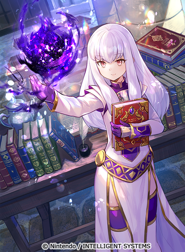 1girl book closed_mouth company_name copyright_name dress fire_emblem fire_emblem:_three_houses fire_emblem_cipher fuji_choko gloves holding holding_book long_hair long_sleeves lysithea_von_ordelia official_art pink_eyes purple_gloves smile solo thigh-highs white_hair