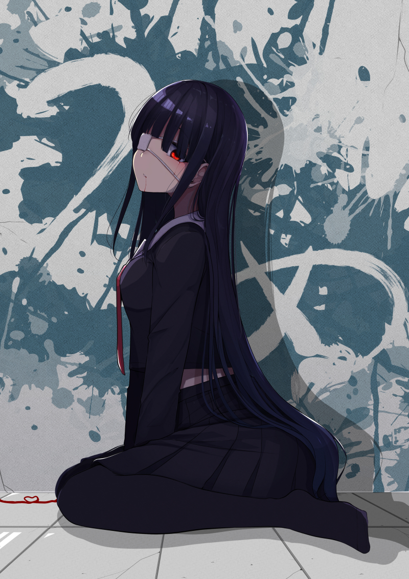 1girl bangs black_hair black_legwear black_serafuku black_shirt black_skirt blood blood_from_mouth breasts closed_mouth commentary_request eyebrows_visible_through_hair eyepatch full_body hair_between_eyes long_hair looking_at_viewer looking_to_the_side medical_eyepatch minato_yu necktie no_shoes original pantyhose pleated_skirt red_eyes red_neckwear sailor_collar school_uniform serafuku shadow shirt sitting skirt small_breasts solo very_long_hair wariza white_sailor_collar