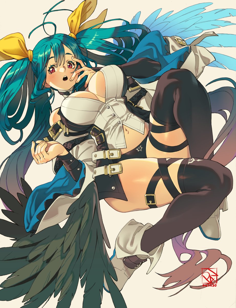 1girl asymmetrical_wings bangs belt black_legwear blue_hair blush boots breasts choker detached_sleeves dizzy_(guilty_gear) guilty_gear guilty_gear_xrd hair_between_eyes hair_ribbon hair_rings highres large_breasts long_hair long_sleeves looking_at_viewer monster_girl navel open_mouth parted_lips poch4n red_eyes ribbon signature solo tail tail_ribbon thick_thighs thigh-highs thigh_strap thighs twintails very_long_hair wings yellow_ribbon