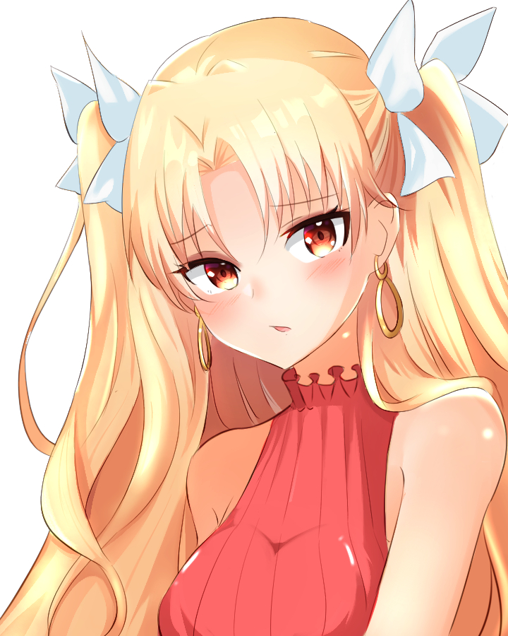 1girl artist_request bangs bare_shoulders blonde_hair blush bow breasts earrings ereshkigal_(fate/grand_order) fate/grand_order fate_(series) hair_bow infinity jewelry long_hair looking_at_viewer medium_breasts open_mouth orange_eyes parted_bangs red_shirt shirt simple_background sleeveless sleeveless_shirt white_background white_bow