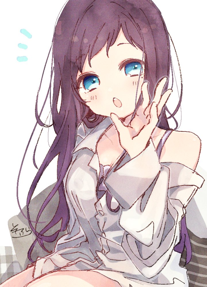 1girl aiba_uiha bangs blue_eyes blush brown_hair camisole collarbone collared_shirt commentary_request dress_shirt eyebrows_visible_through_hair hand_up long_hair long_sleeves nijisanji notice_lines off_shoulder open_mouth purple_camisole shirt signature simple_background sitting sofra solo upper_teeth very_long_hair virtual_youtuber white_background white_shirt