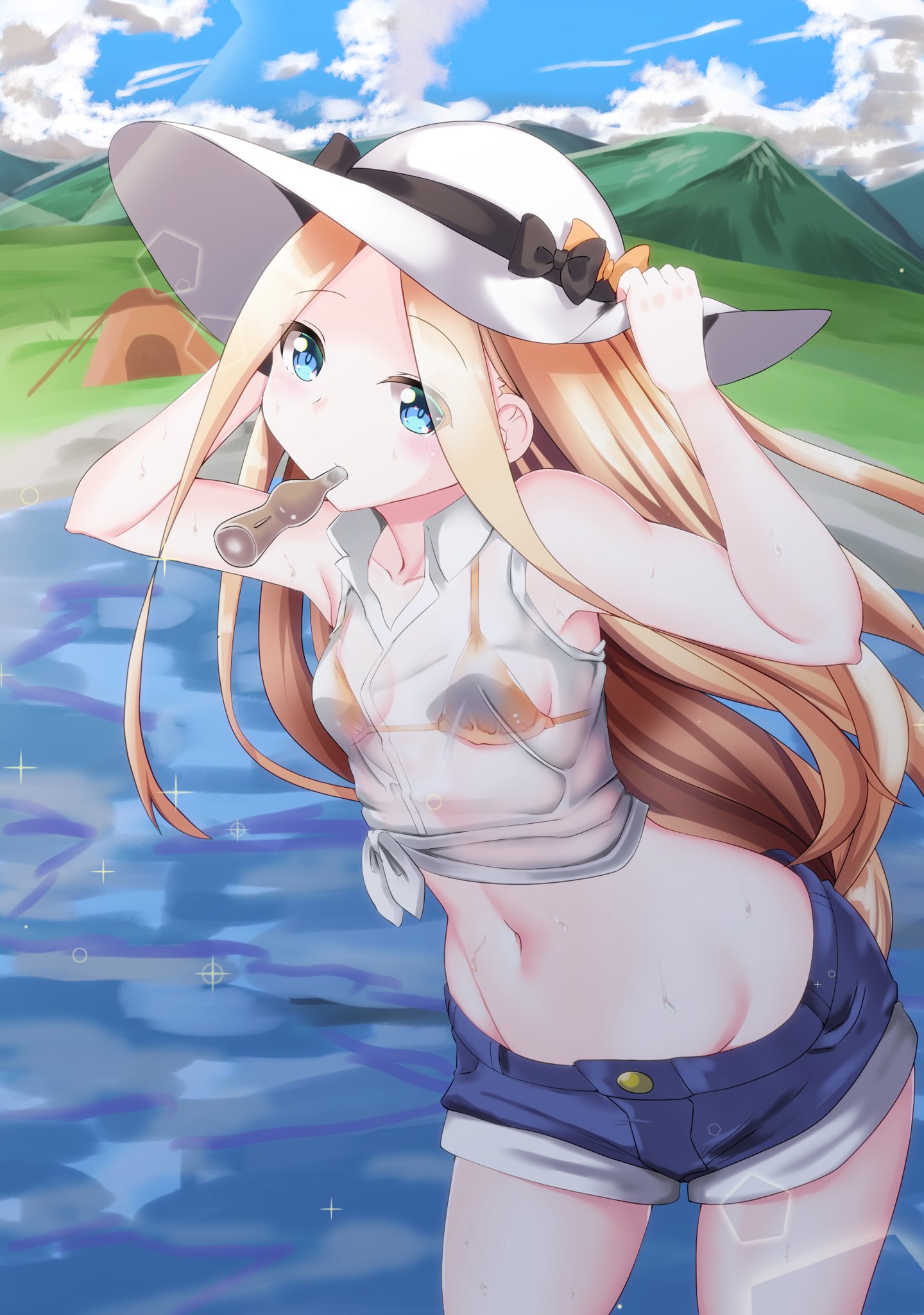1girl abigail_williams_(fate/grand_order) arms_up bangs bikini black_bow blonde_hair blue_eyes blue_shorts blue_sky bow breasts closed_mouth collarbone collared_shirt denim denim_shorts fate/grand_order fate_(series) forehead hat highres lake long_hair mouth_hold multiple_bows navel orange_bikini orange_bow parted_bangs see-through shinonome_harutoro shirt short_shorts short_sleeves shorts sky small_breasts sun_hat swimsuit thighs wading water wet white_headwear white_shirt