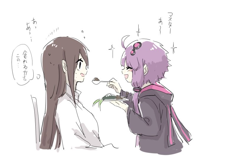 2girls ahoge animal_ears black_jacket brown_hair closed_eyes commentary dress feeding food from_side hair_ornament hair_tubes holding holding_plate holding_spoon hood hooded_jacket jacket long_hair master_(vocaloid) multiple_girls nejikyuu open_mouth plate purple_dress purple_hair rabbit_ears short_hair_with_long_locks sidelocks sparkle spoon thought_bubble translated upper_body vocaloid voiceroid white_background yuzuki_yukari