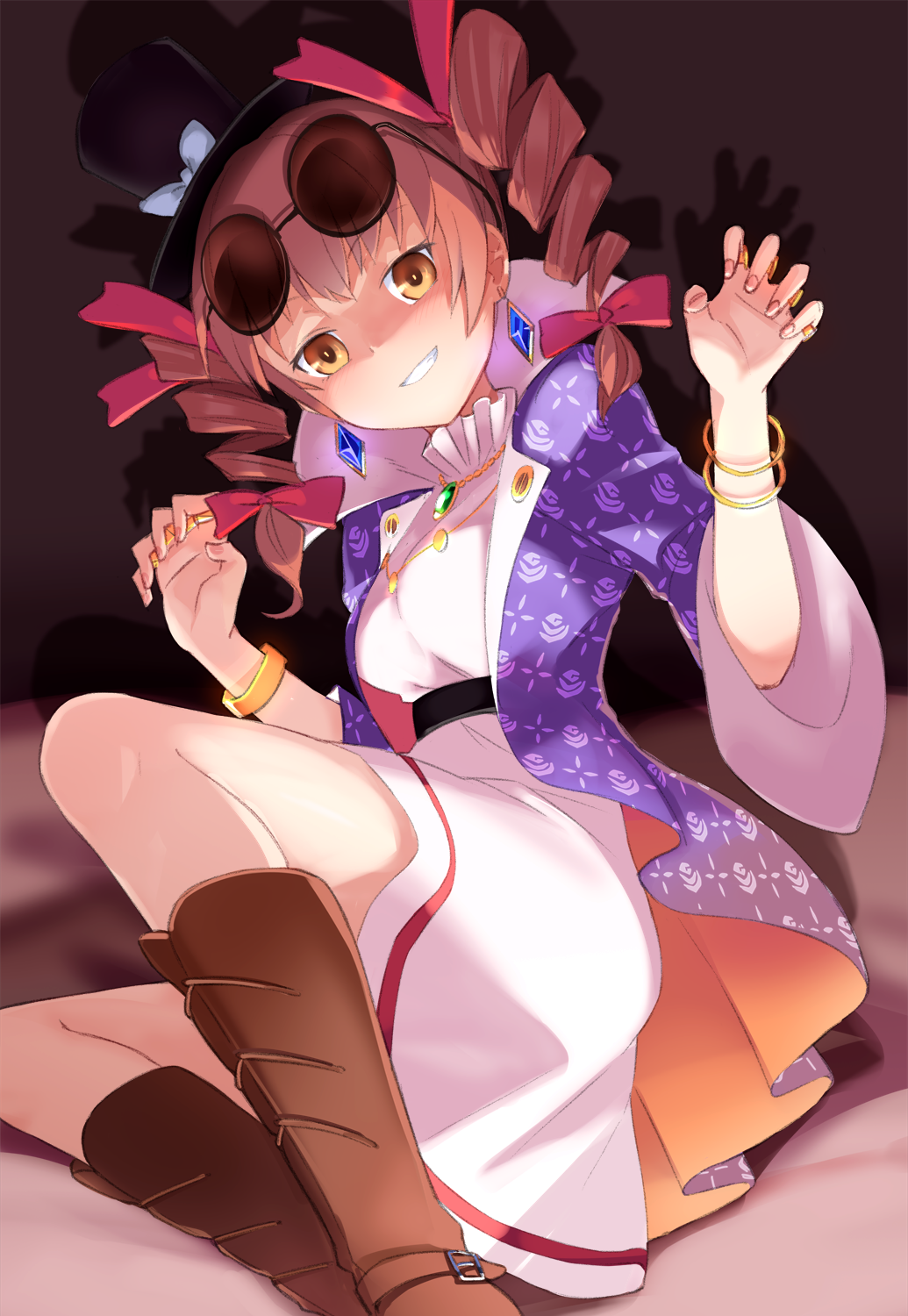 1girl bangle black_headwear boots bow bracelet brown_eyes coat dress drill_hair eyewear_on_head hat hat_bow high_collar highres jacket jewelry light_brown_hair mini_hat mini_top_hat necklace paw_pose pendant purple_coat purple_jacket red_bow ribbon ring round_eyewear sitting sunglasses top_hat touhou twin_drills usuaji white_bow white_dress white_ribbon yorigami_jo'on