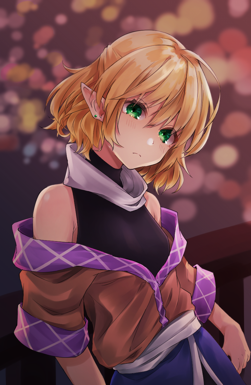 1girl ahoge armpits black_shirt blonde_hair blue_skirt blush brown_jacket earrings green_eyes gunsou1350 highres jacket jewelry leaning_back mizuhashi_parsee pointy_ears sash scarf shirt skirt sleeveless sleeveless_shirt touhou turtleneck