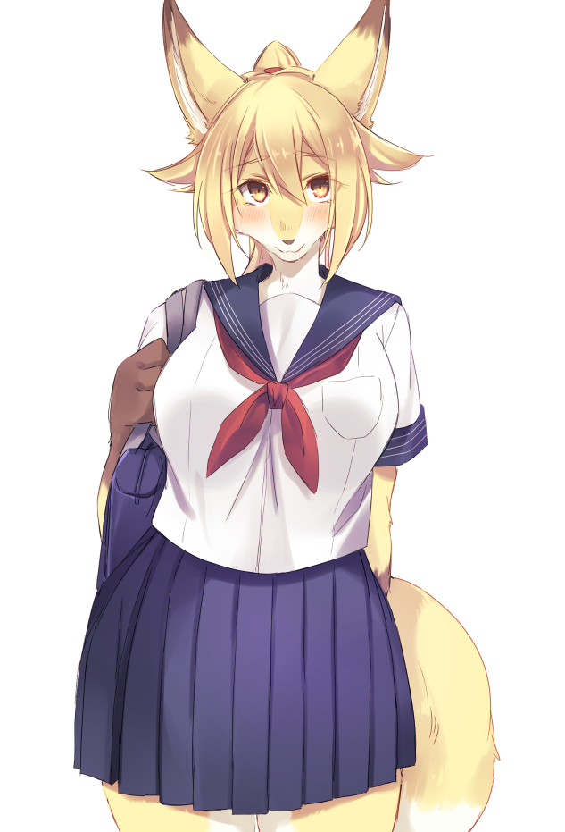 1girl :3 animal_ears animal_nose blue_skirt blush breast_pocket breasts copyright_request eyebrows_visible_through_hair fox fox_ears fox_girl fox_tail furry hair_between_eyes happy large_breasts long_hair looking_at_viewer pleated_skirt pocket ponytail saigi school_uniform short_sleeves simple_background skirt smile snout solo tail two-tone_fur white_background white_fur yellow_eyes yellow_fur