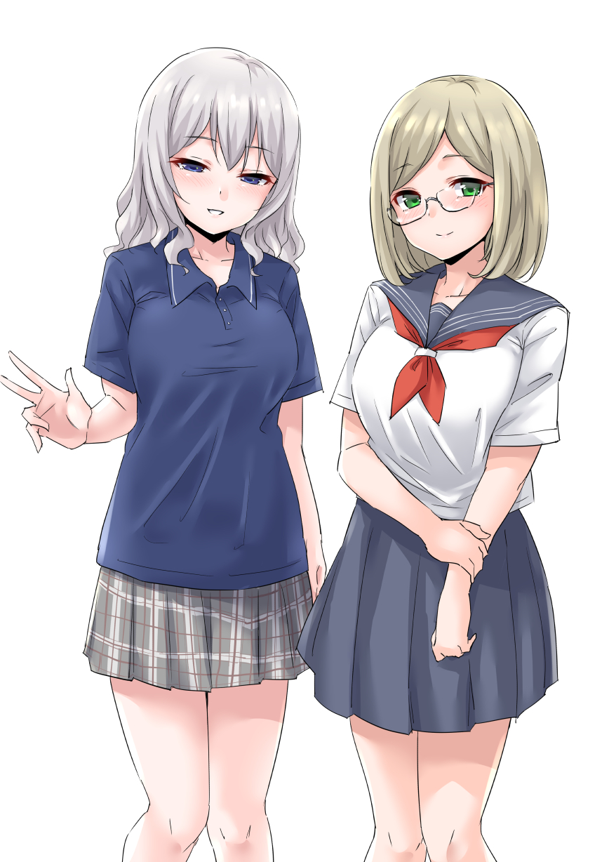 2girls alternate_costume alternate_hairstyle bangs blonde_hair blue_eyes blue_sailor_collar blue_shirt blue_skirt blush breasts eyebrows_visible_through_hair glasses green_eyes highres kantai_collection kashima_(kantai_collection) katori_(kantai_collection) long_hair medium_hair multiple_girls neckerchief plaid plaid_skirt pleated_skirt red_neckwear sailor_collar school_uniform serafuku shirt short_sleeves silver_hair simple_background skirt smile takomeshi white_background