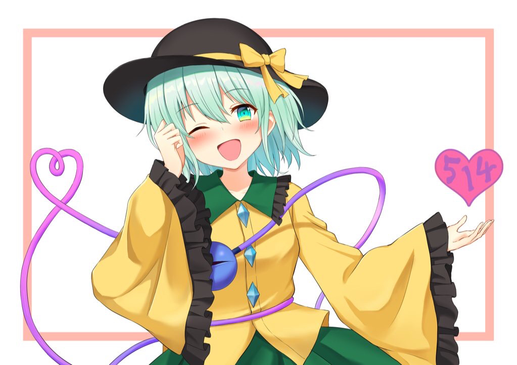 1girl aqua_eyes blush bow collar collared_shirt eyeball eyebrows_visible_through_hair frilled_collar frilled_sleeves frills green_hair green_skirt hat hat_bow hat_ribbon heart heart_of_string junyamaekaki koishi_day komeiji_koishi long_sleeves one_eye_closed open_mouth ribbon shirt skirt smile string third_eye touhou upper_body wide_sleeves yellow_bow yellow_ribbon yellow_shirt